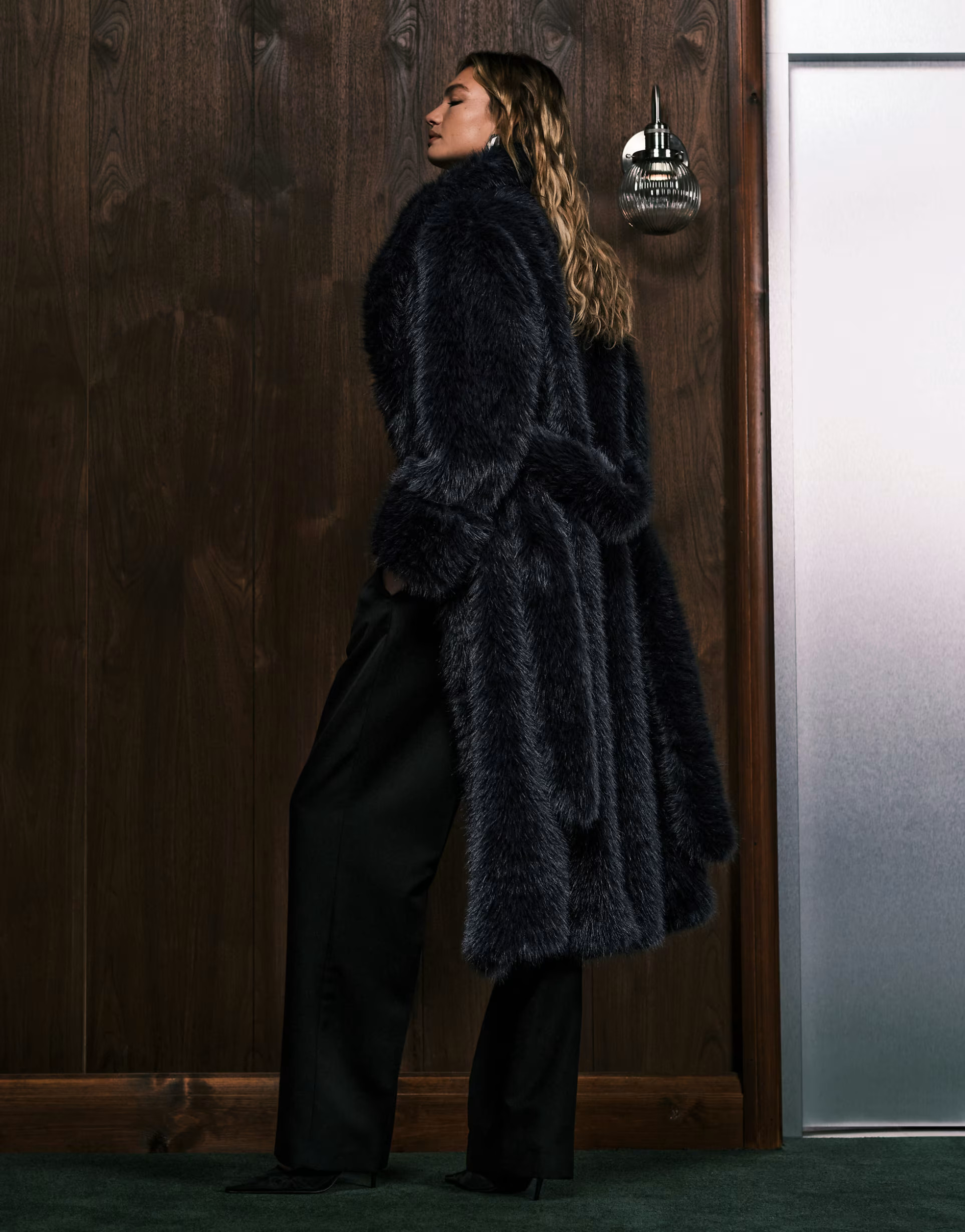 ASOS DESIGN longline belted faux fur coat in navy | ASOS (Global)