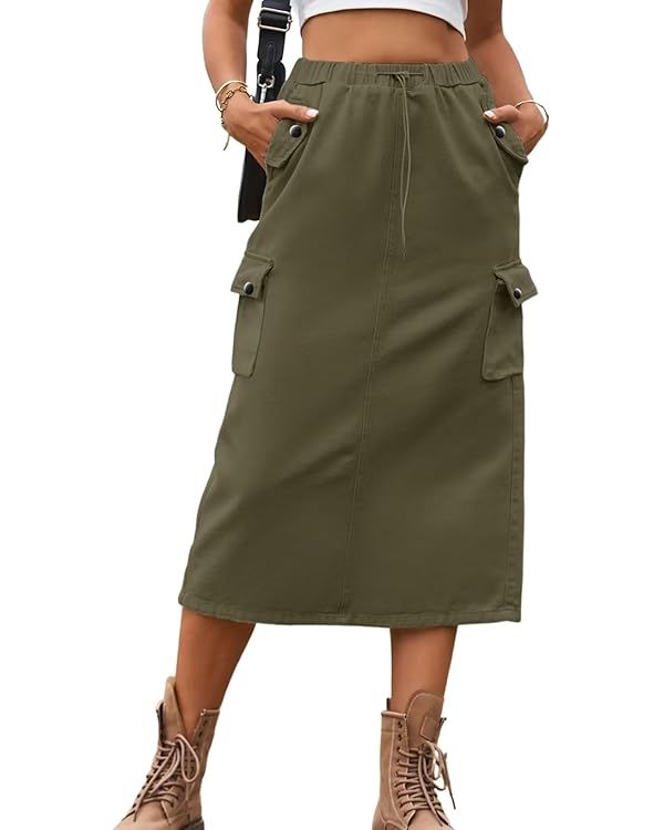 Dokotoo Women's Drawstring Waist Flap Pocket Cargo Skirt Back Slit Midi Skirt | Amazon (US)