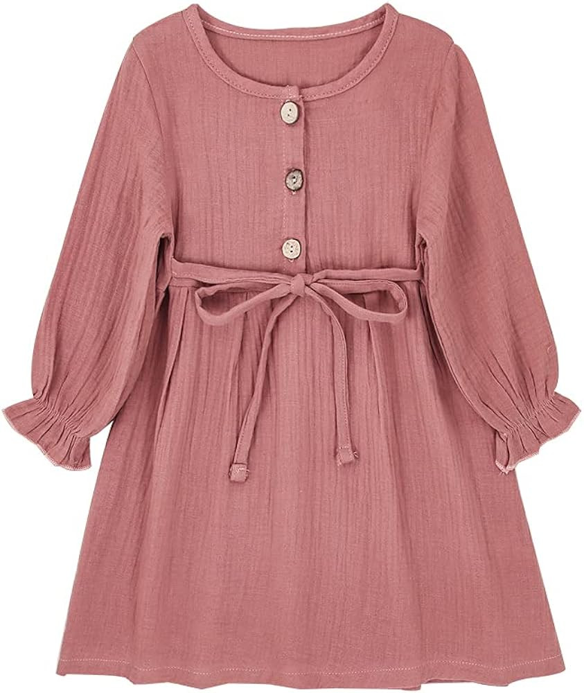 GLIGLITTR Toddler Baby Girl Cotton Linen Dress Long Sleeve Crew Neck Dresses Button Down Dresses ... | Amazon (US)