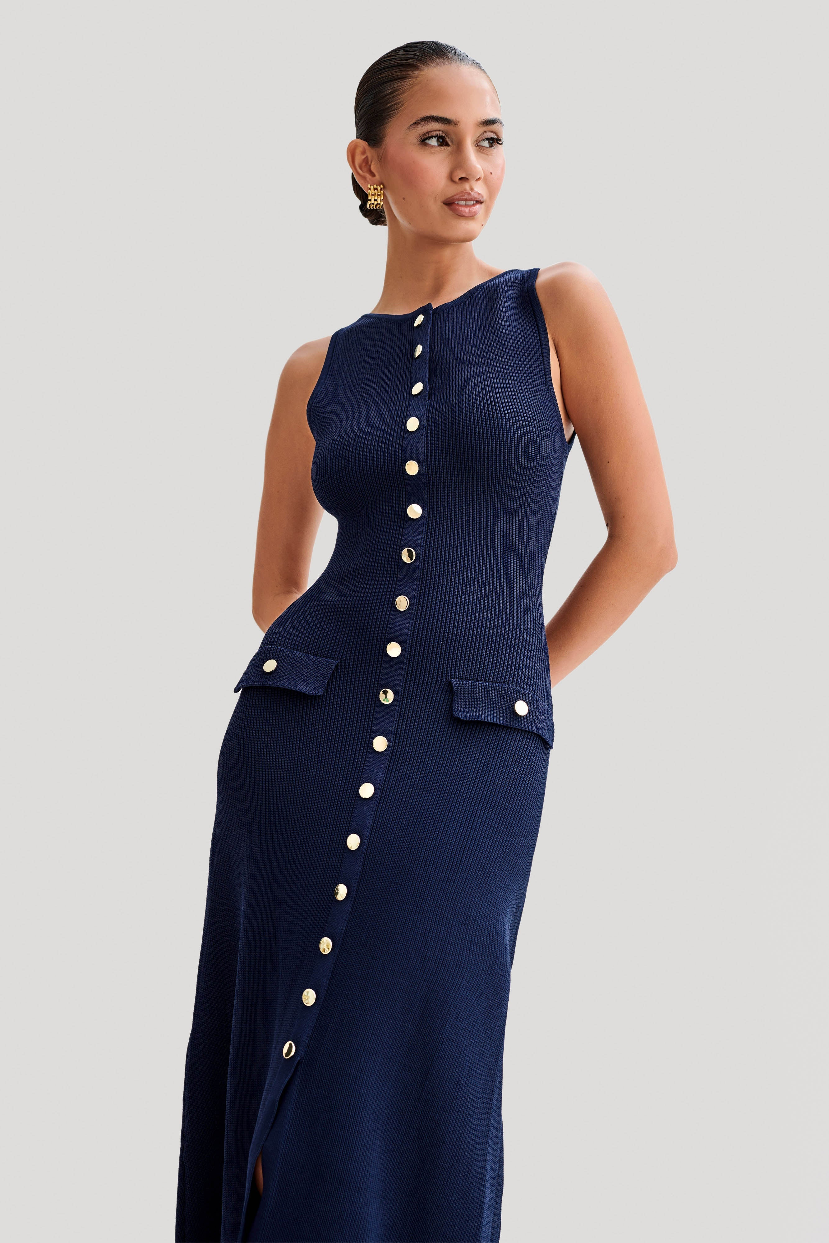 Sawyer Sleeveless Buttoned Maxi Dress - Navy | MESHKI US