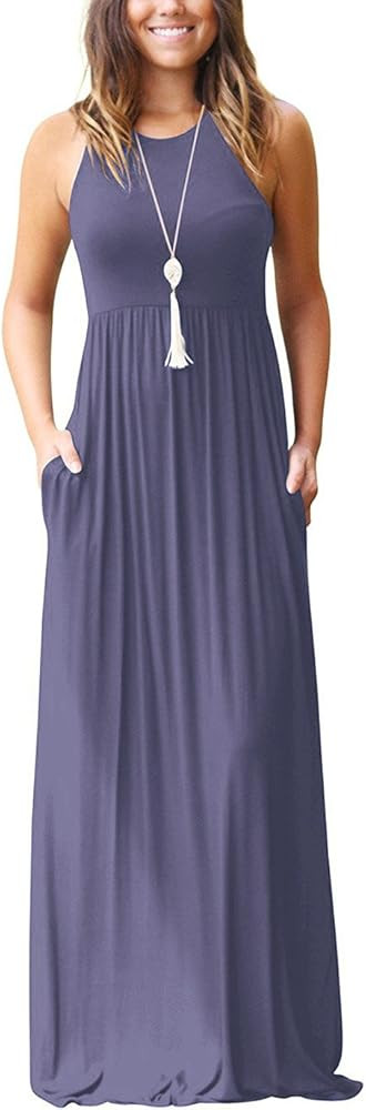 Women's Sleeveless Racerback Loose Plain Maxi Dresses Casual Long Dresses with Pockets | Amazon (US)