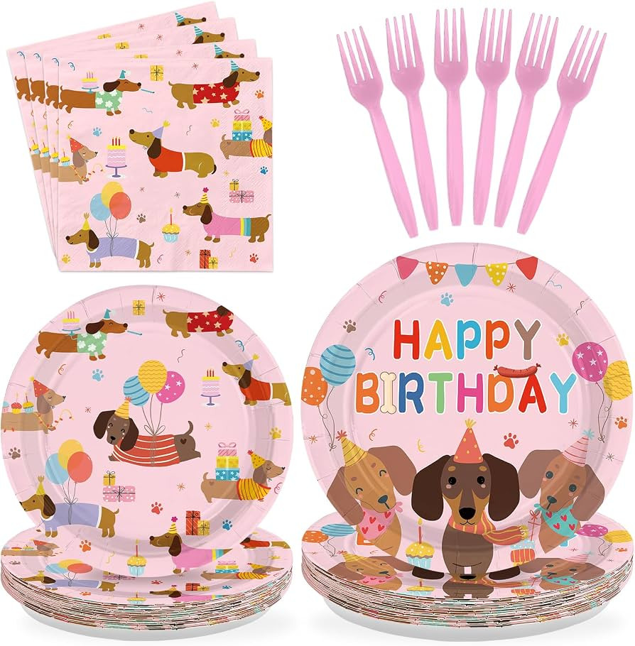 96Pcs Dachshund Dog Birthday Party Decoration Pink Wiener Dog Puppy Plates and Napkins Cartoon Pu... | Amazon (US)