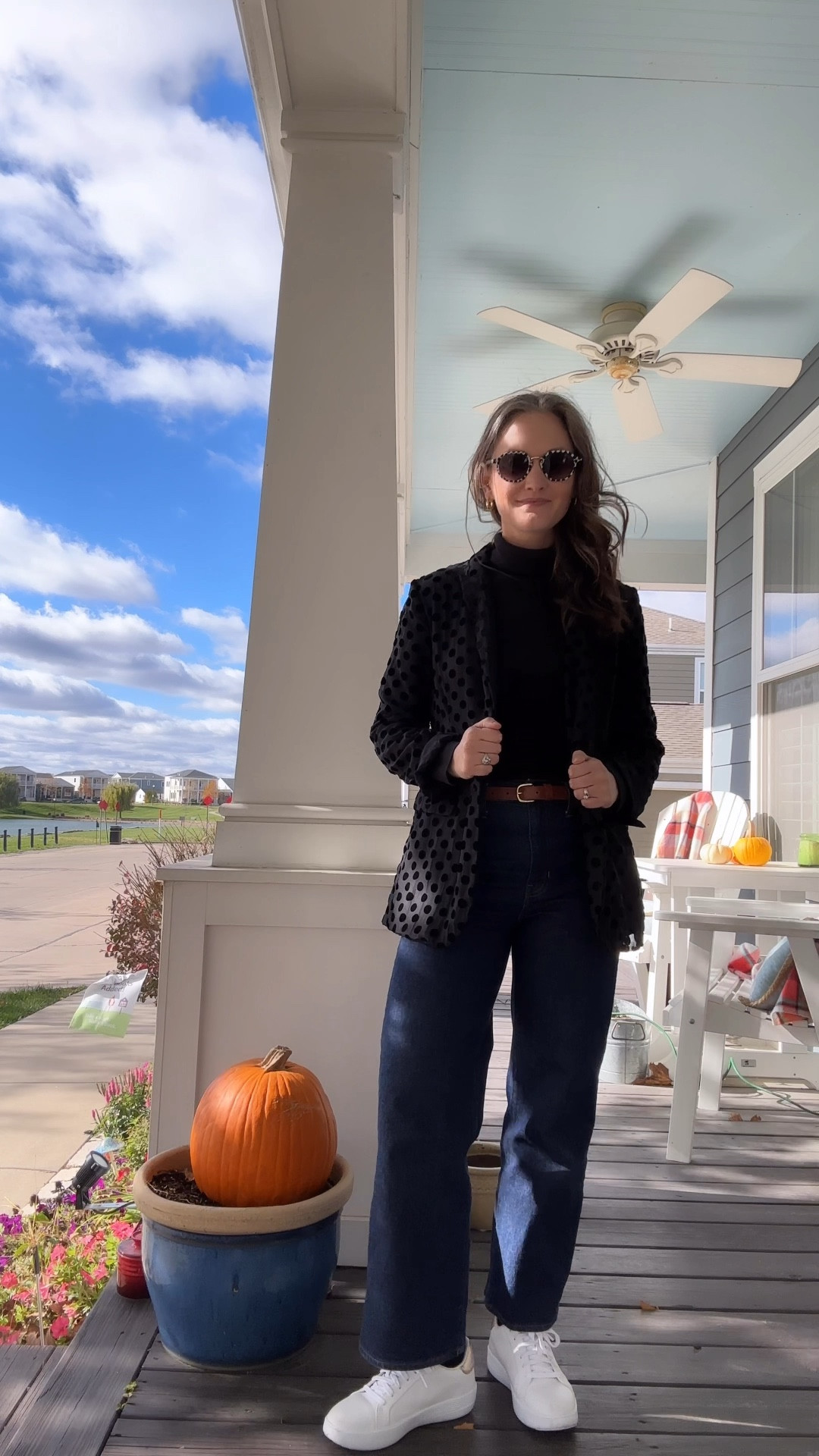 On a blustery Thursday, she pulled together an outfit that said, “I can sip lattes while typing furiously at a coffee shop and still look chic carving a turkey later.” Her wide-legged dark wash jeans and classic black turtleneck served as the perfect base, while the sheer blazer with velvet polka dots added just the right amount of festive flair. New platform sneakers with a subtle gold detail ensured she could power through the day in comfort, from caffeine-fueled productivity in the morning to a cozy family Thanksgiving dinner in the evening. Her everyday gold hoops peeked out from her hair, catching the light with every gust of wind. As she stepped into the warmth of her family’s home, she smiled, silently thankful for the breezy fall weather—far better than the snowy chaos she knew Chicago was getting right now.

#LTKSeasonal #LTKHoliday #LTKStyleTip