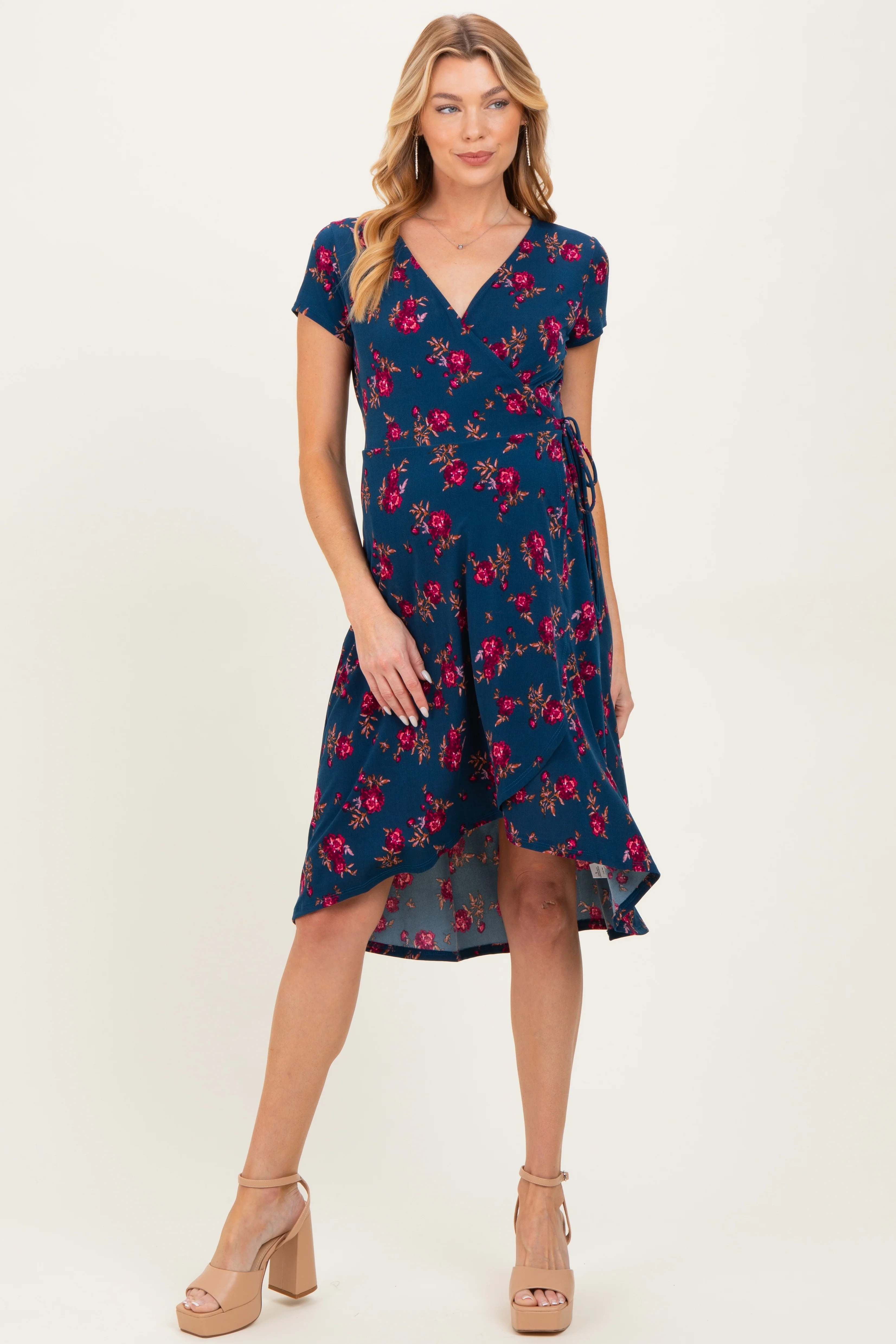 Navy Floral Maternity/Nursing Wrap Midi Dress | PinkBlush Maternity