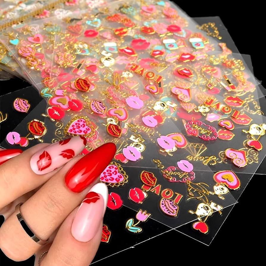 30 Sheets Valentine's Day Nail Art Stickers Red Heart Nail Decals 3D Self-Adhesive Rose Lip Kiss ... | Amazon (US)