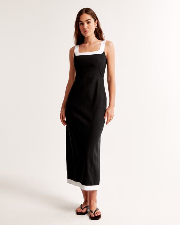 Linen-Blend Squareneck Column Midi Dress | Abercrombie & Fitch (US)