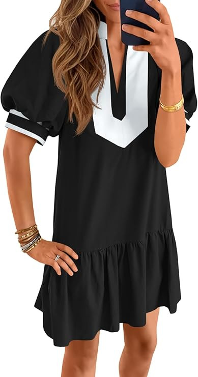 Wenrine Womens Summer Mini Dress Casual Short Puff Sleeve V Neck Color Block Loose Beach A Line D... | Amazon (US)
