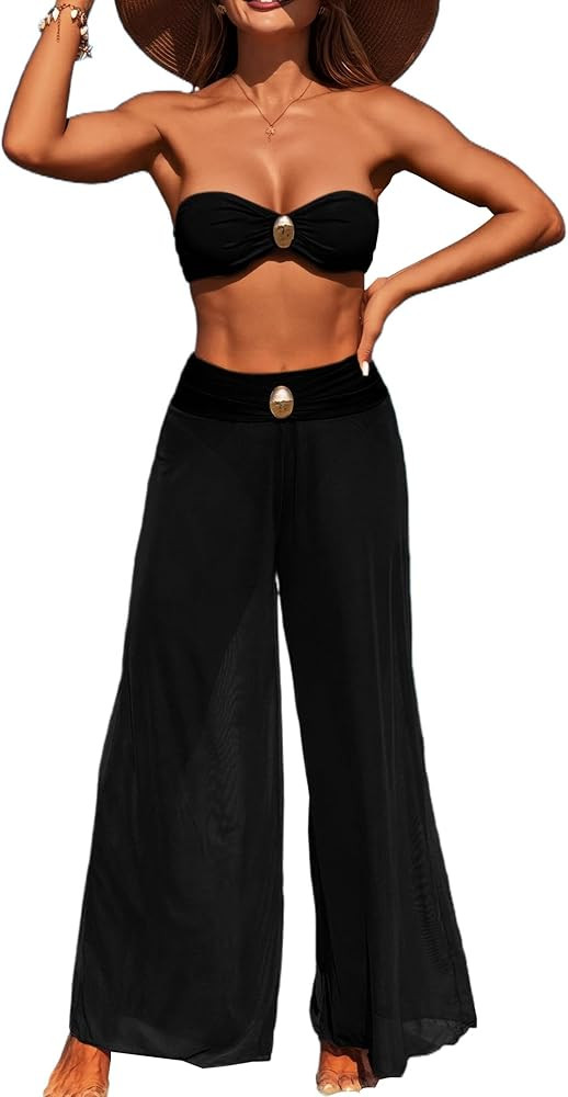 3 Piece Swimsuits for Women Tummy Control Bikini Set with Beach Cover Up Mesh Pants Sexy Tube Top... | Amazon (US)