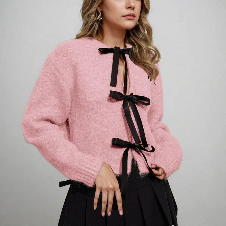 BSDJILFG Cute Cardigans for Women Bow Tie Front Sweater Long Sleeve Open Front Knitting Cotton Fa... | Walmart (US)