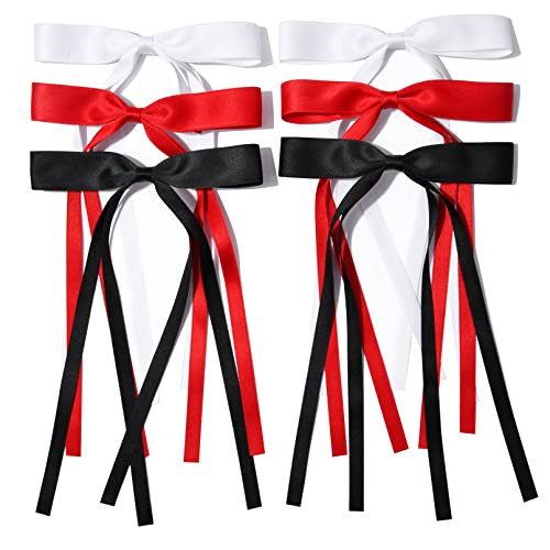 6PCS Hair Bows for Women Hair Clip Hair Tassel Hair Ribbon Ponytail Holder Accessories Slides Metal Clips Barrettes Girls Toddlers Teens Black Red White | Amazon (US)