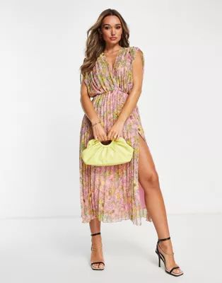 ASOS DESIGN pleated maxi dress in pink and yellow floral | ASOS (Global)