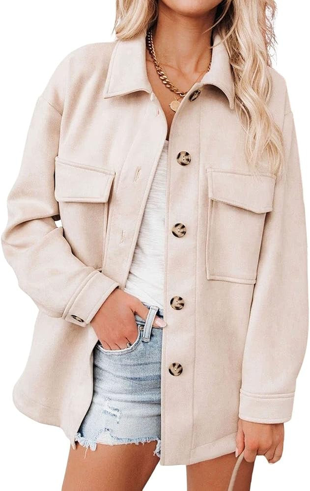 CHARTOU Women Casual Button Down Faux Suede Shirt Shacket Jacket Long Sleeve with Pocket | Amazon (US)