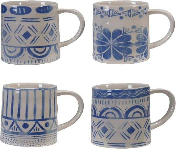 Creative Co-Op 4-Piece Stoneware Mug with Tile Pattern, Blue and White | Amazon (US)