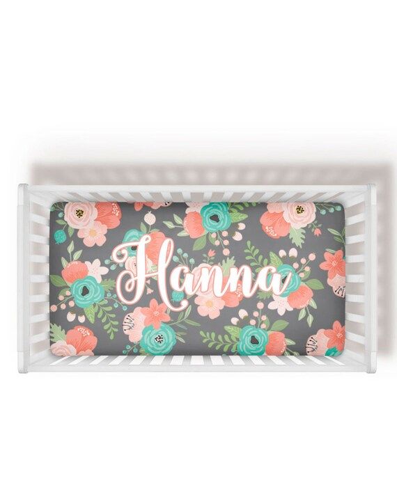 Coral Gray Aqua Floral Crib Sheet, Baby Girl Personalized Crib Sheet, Flowers Girl Name Crib Shee... | Etsy (US)