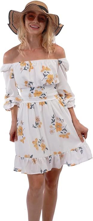 obuobu Women's Tie Back Lantern Long Sleeve Dresses Ruffle Off Shoulder a Line Mini Dress | Amazon (US)