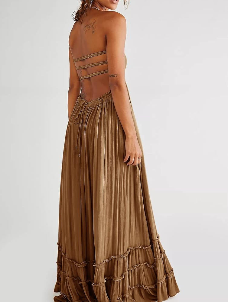Sexy Backless Maxi Dress - Tan/Brown | Amazon (US)