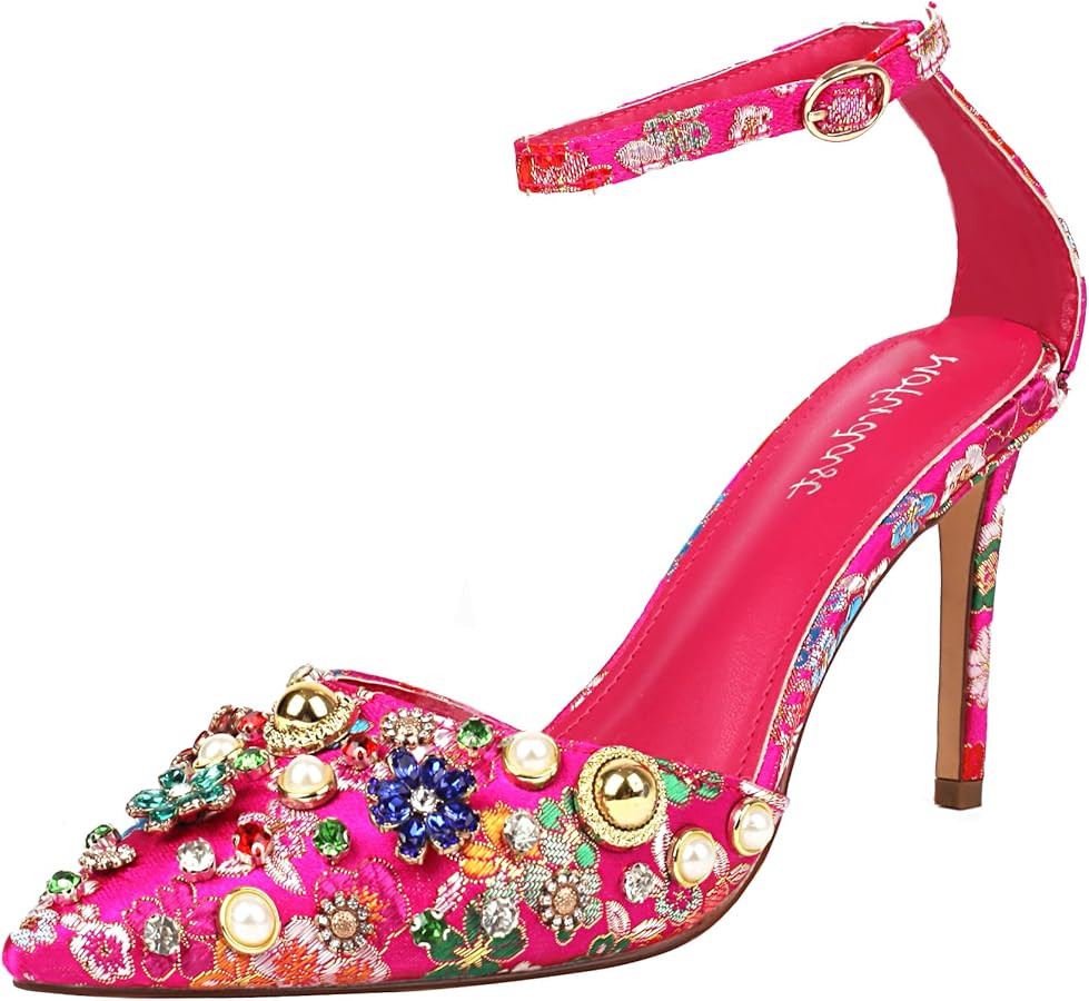 Mofirdast Womens Ankle Strap Colorful Rhinestones Heels Floral Print Embroidery Pumps Sandals Wed... | Amazon (US)