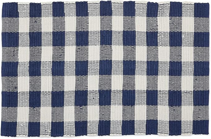 DII Buffalo Check Rug Collection, Hand Dyed Reversible Chindi Rug, 26x40, Navy/Cream | Amazon (US)