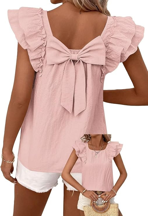 Falechay Womens Bow Tie Back Tops Round Neck Ruffle Short Sleeve Shirts Cute Babydoll Chiffon Tee... | Amazon (US)