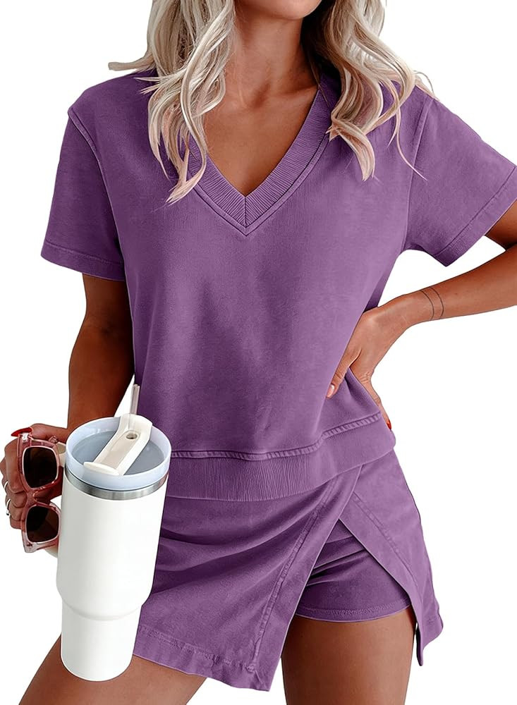 KevaMolly Womens Mineral Wash 2 Piece Lounge Set V Neck Short Sleeve Tee and Lined Split Skort Ca... | Amazon (US)