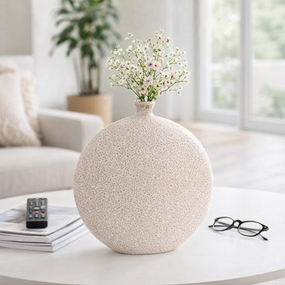 Modern Earthenware Round Flat Table Vase with Speckled Design for Home Decor - Artistic Tall Flower Vase - Cream | Target