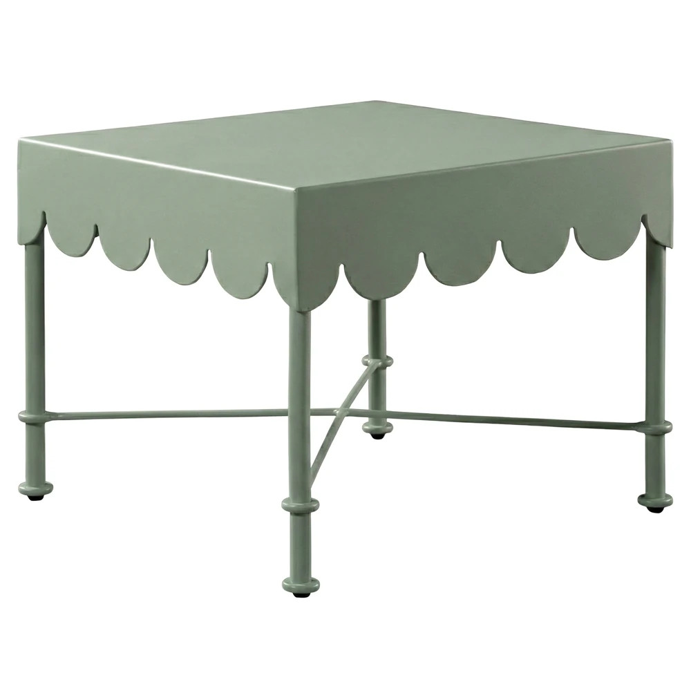 Delphine French Country Green Aluminum Scalloped Square Outdoor End Table | Kathy Kuo Home