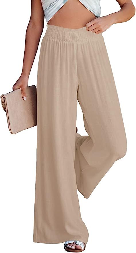 Kalssior Womens Wide Leg Palazzo Pants High Waisted Lounge Pant Smocked Pleated Loose Fit Casual ... | Amazon (US)