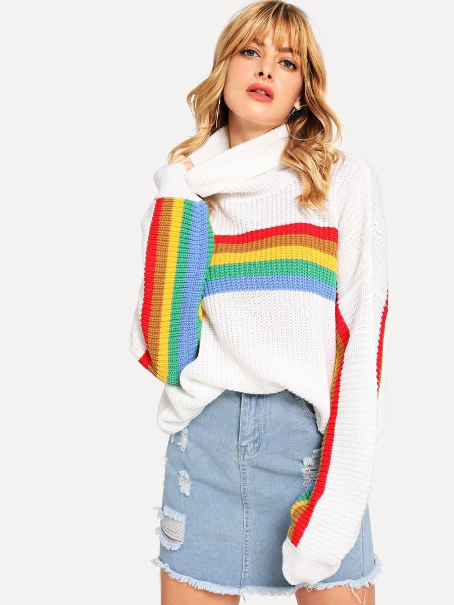 SHEIN Rolled Neck Color Block Sweater | SHEIN