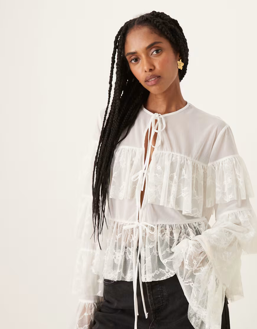 ASOS DESIGN tie front layered ruffle blouse with lace inserts in ivory-White | ASOS (Global)