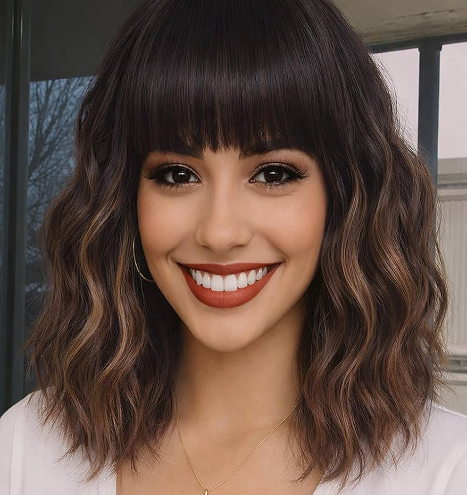 Brown Mixed Blonde Wig with Bangs,12 Inch Short Wavy Curly Bob Hair | Amazon (US)