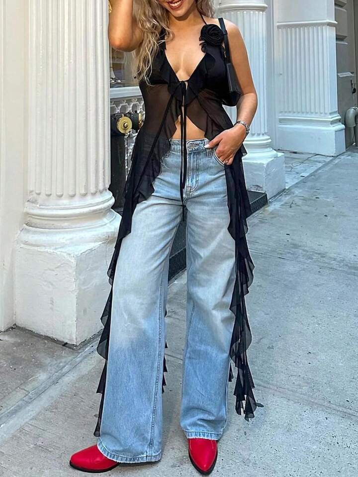 Women's Sexy Wave Edge 3D Flower Decoration Halter Neck Vest Top, Summer | SHEIN