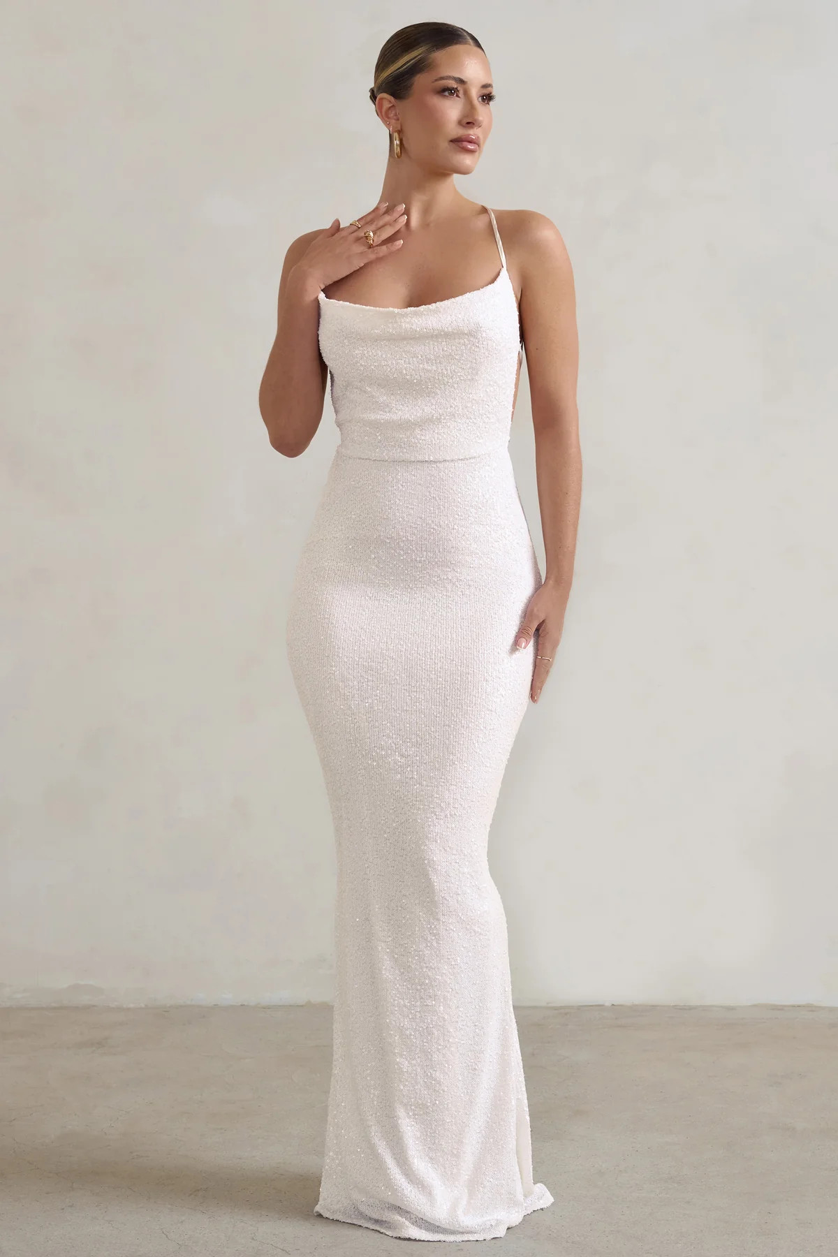 Seeing Stars | White Cowl Cami Sequin Maxi Dress With Waist Tie | Club L London