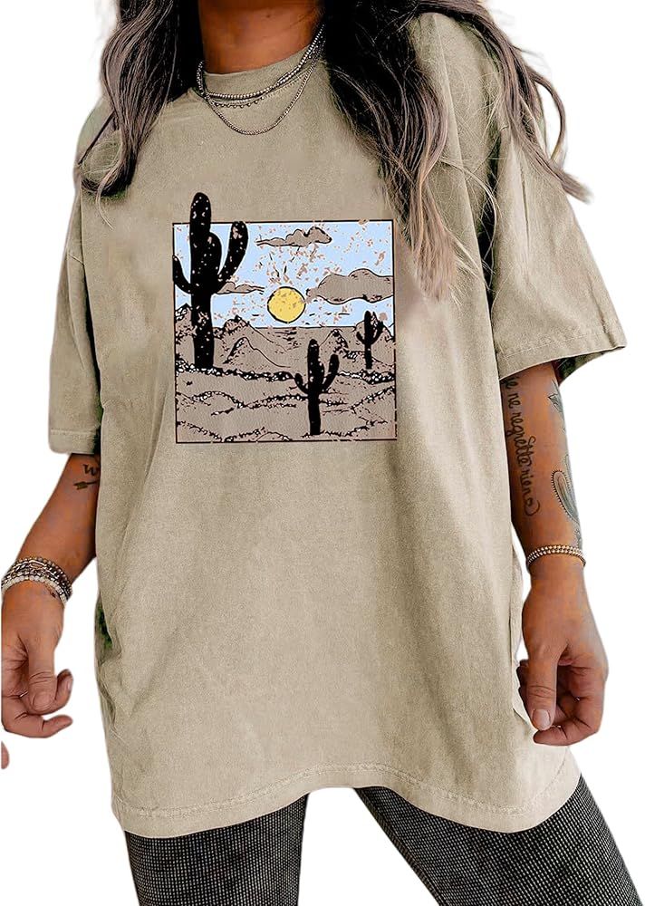 Remidoo Women's Casual Crewneck Short Sleeve Sun and Moon Print Oversized Graphic Top T-Shirt | Amazon (US)