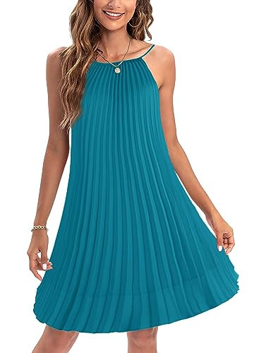 Ellames Women's 2026 Summer Spaghetti Strap Pleated Casual Swing Dress with Belt Teal Large | Amazon (US)