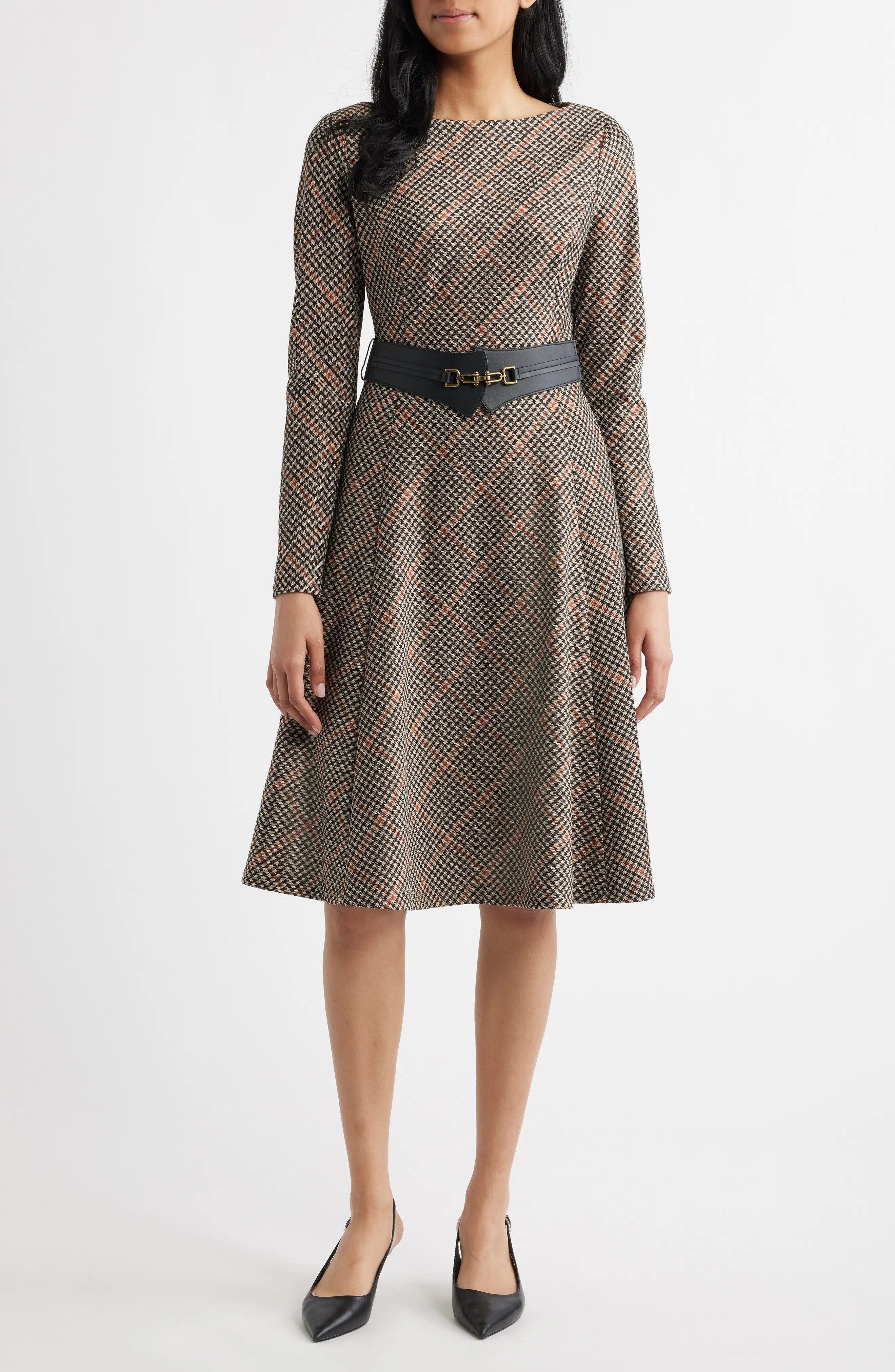 Eliza J Check Bias Cut Long Sleeve Fit & Flare Dress (Women) | Nordstrom | Nordstrom