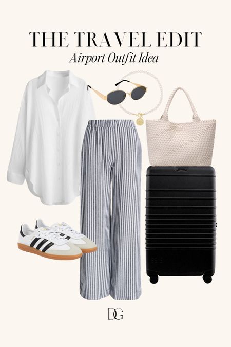 Travel Outfit Idea | airport outfit, airport outfits, travel outfits, travel looks, travel look, comfy travel outfit, comfy travel outfits, casual travel outfits, casual travel outfit, travel style, airport look, travel look, button down shirt, button up shirt, button ups, button downs, wide leg pants, comfy pants, adidas samba sneakers

#LTKshoecrush #LTKstyletip #LTKtravel