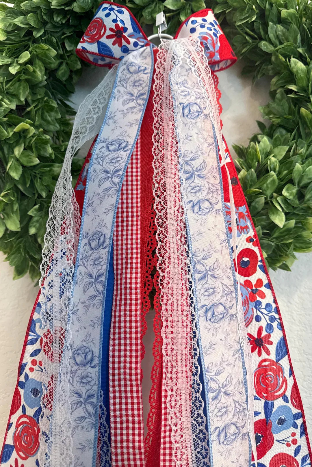 Farmhouse Pretty Poppies Patriotic Ribbon Set Wreath Bow | Red White Blue Linen Floral Gingham La... | Etsy (US)