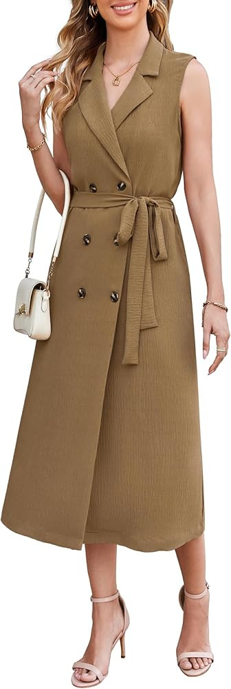 GRACE KARIN Womens Business Casual Midi Dress 2024 Summer Button Down Shirt Dress Sleeveless Lape... | Amazon (US)