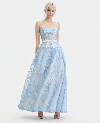 Say Yes Juniors' Sweetheart-Neck Embroidered Ball Gown with Corset Drop Waist and Bow Belt, Creat... | Macy's