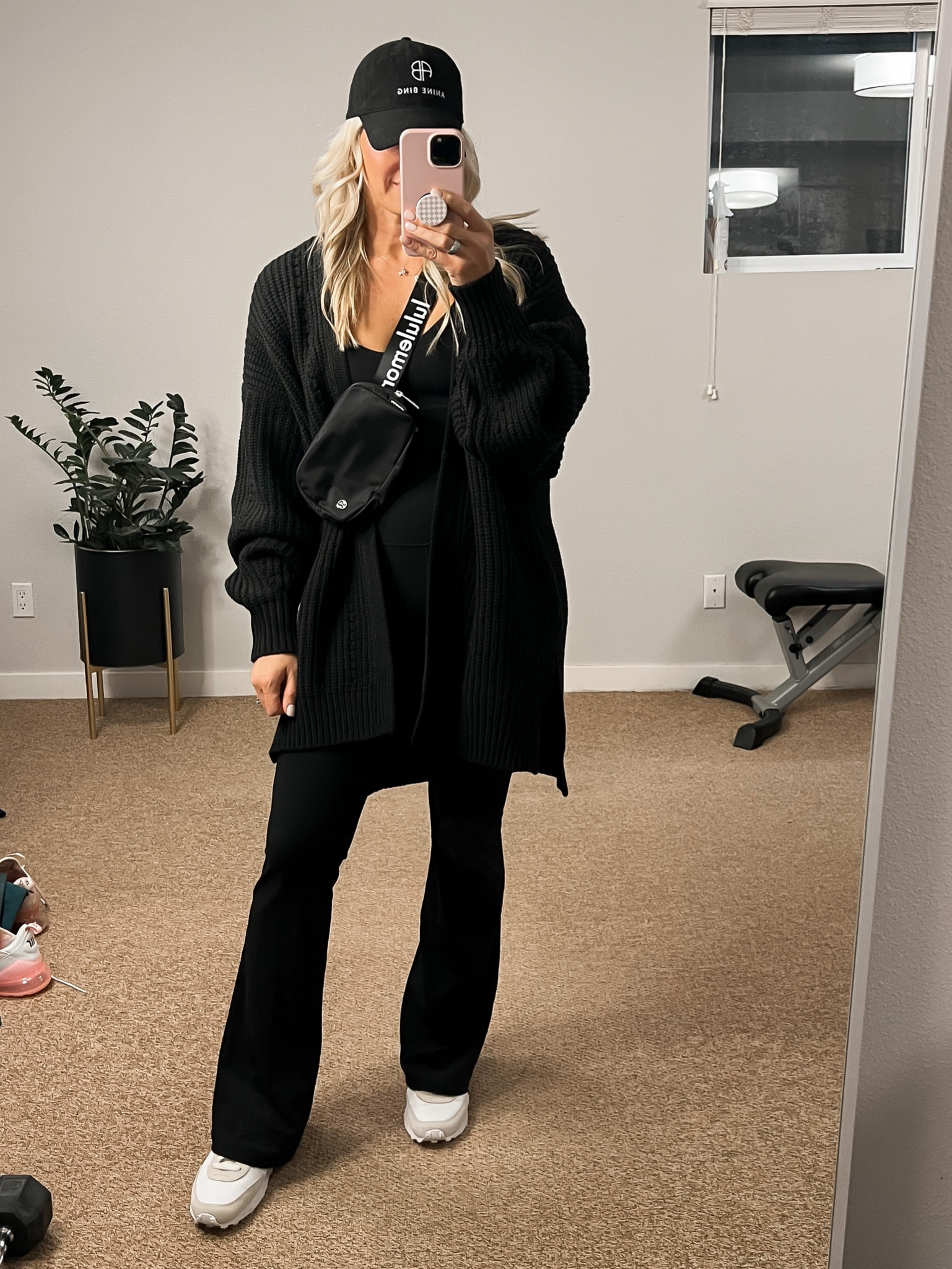 Lululemon flare leggings. Align cropped tank. Free People cardigan. Belt bag. Anine Bing baseball hat. Winter ootd

#LTKunder100 #LTKSeasonal #LTKstyletip