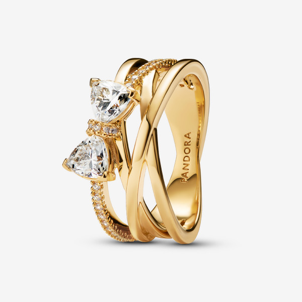 Pandora Sparkling Bow & Crossover Band Ring - 14k Gold-plated unique metal blend / Cubic Zirconia / Clear - Sz. 8.5 | Pandora US