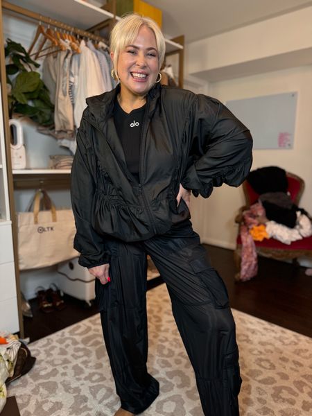 The cutest Alo outfit! All black activewear
Track jacket with mesh pants. 

#LTKActive #LTKOver40 #LTKMidsize