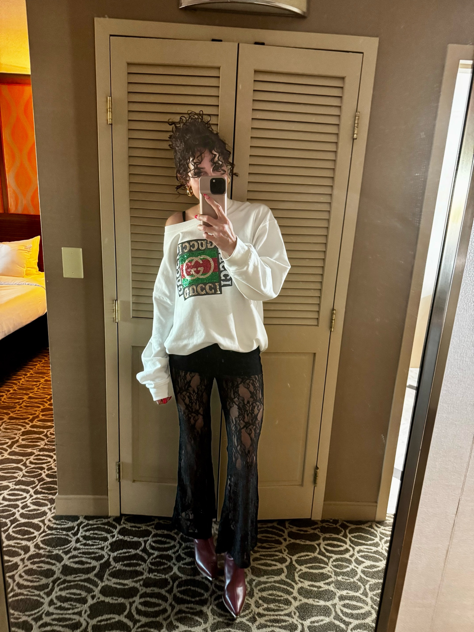 Effortlessly Chic
Comfy meets bold ✨ Oversized Gucci sweatshirt paired with lace flare pants and statement boots for a look that turns heads! 🖤 Perfect balance of cozy and glam. #OOTD #LuxuryStreetStyle #LaceLove”

#LTKBeauty #LTKShoeCrush #LTKStyleTip