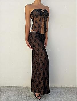 Yuemengxuan Women Going out Maxi Skirts Set Low Cut Lace Trim Cami Top Crop Top High Waist Bodyco... | Amazon (US)