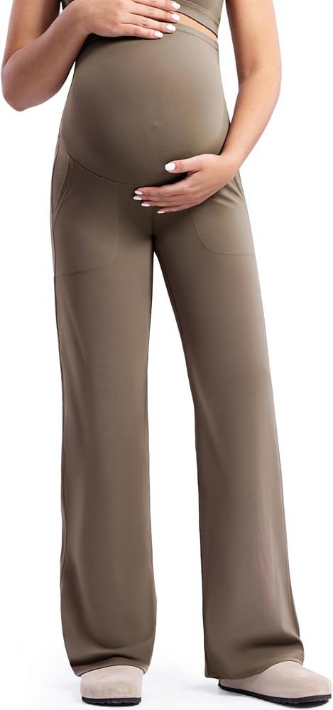 POSHDIVAH Women's Creamluxe Maternity Yoga Wide Leg Pants Petite/Regular/Tall Pregnancy Work Dres... | Amazon (US)