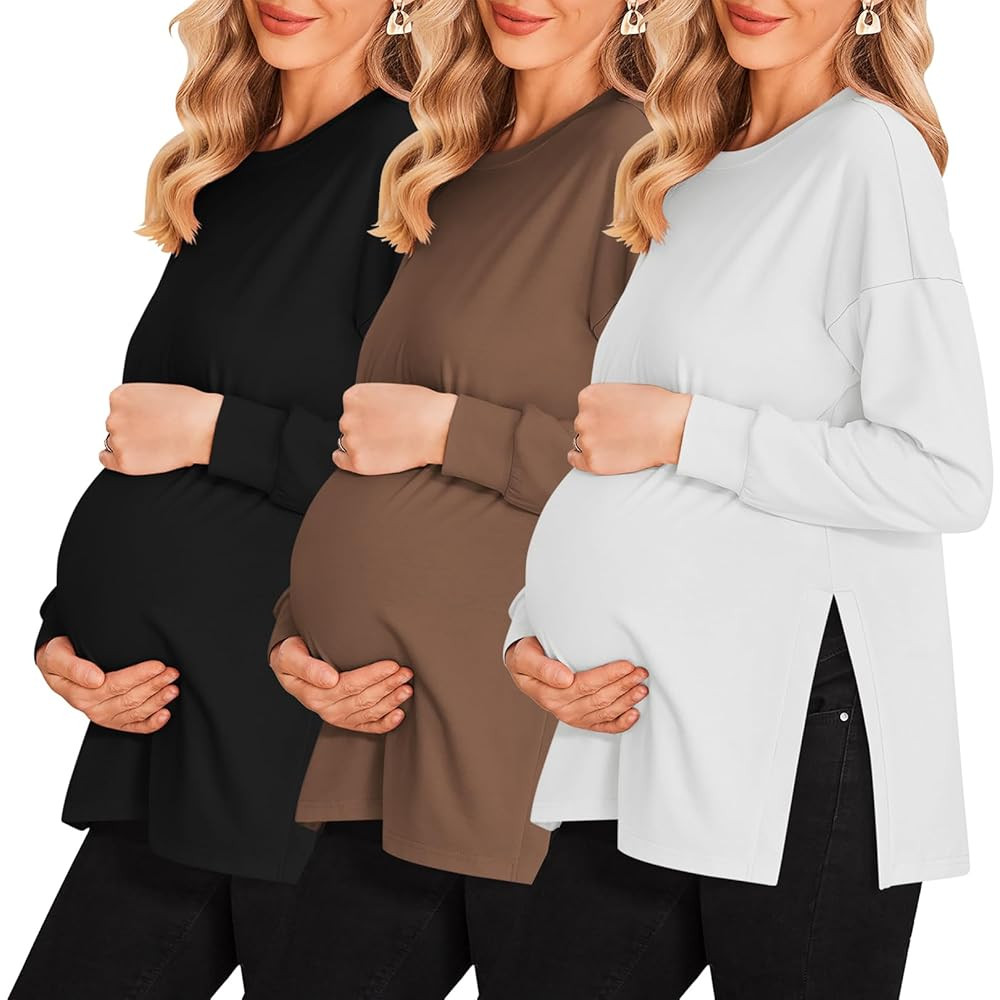 Ekouaer Womens 3 Packs Maternity Shirts Long Sleeve Side Ruched Pregnancy Tee Workout Top Tunic B... | Amazon (US)