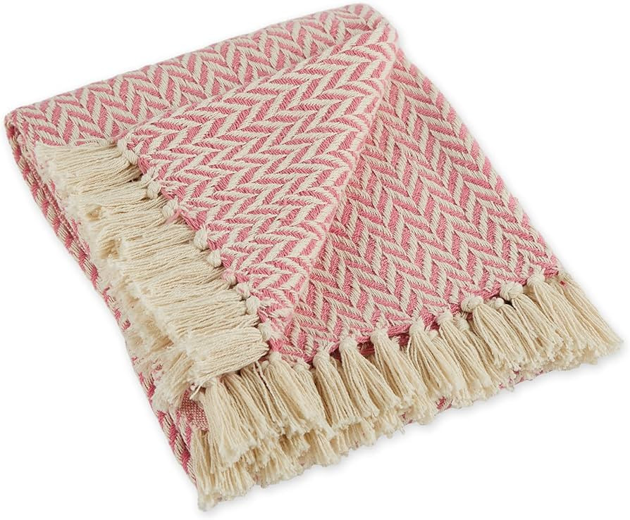 DII Modern Zig Zag Throw Blanket Woven Cotton, Hand-Knotted 2.5" Fringe, 50x60, Blush Pink | Amazon (US)