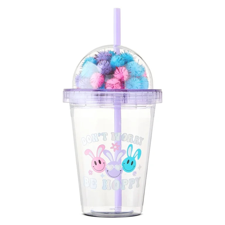 Easter Tinsel Pom Pom Purple Tumbler With Straw, Smiley Face with Bunny Ears, 17 fl oz, By Way To... | Walmart (US)