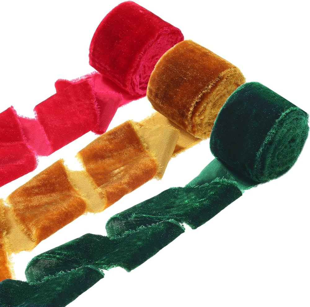 3 Roll Christmas Silk Velvet Ribbon, Vintage Velvet Wrapping Ribbon Raw Edge Fringe Ribbon for Xm... | Amazon (US)