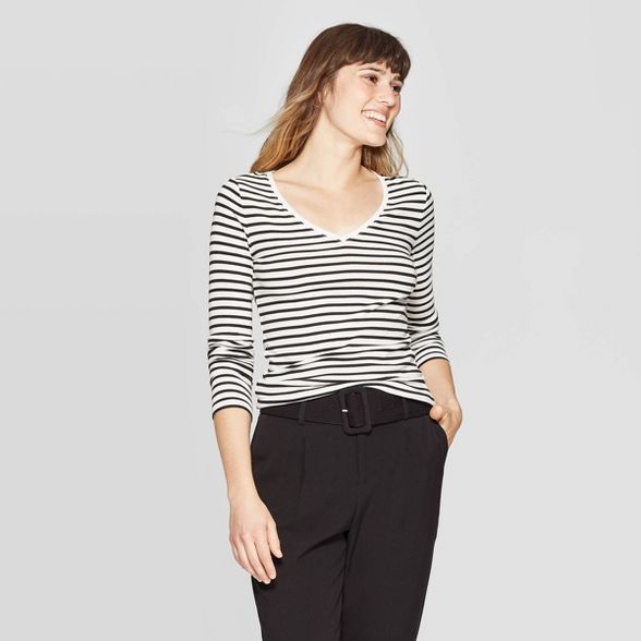Women's Striped Regular Fit Long Sleeve V-Neck T-Shirt - A New Day™ Cream | Target